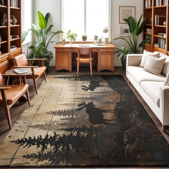 Nature Landscape Washable Area Rug 9 x 12 ft Rustic Moose Forest Pine Silhouettes Wildlife, Soft Non Slip Rugs Stain Repellent Indoor Felt Carpet for Living Dining Room Bedroom Home Office