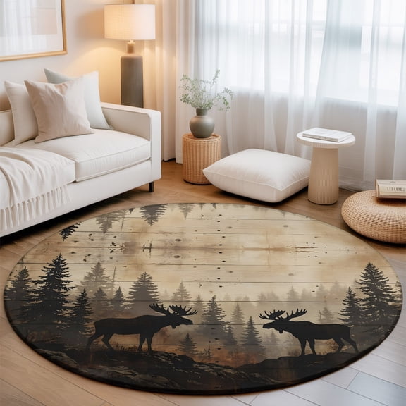 Nature Landscape Washable Round Area Rug 6 ft, Rustic Moose Forest Pine Silhouettes Wildlife, Soft Non Slip Rugs Stain Repellent Indoor Felt Carpet for Living Dining Room Bedroom Home Office