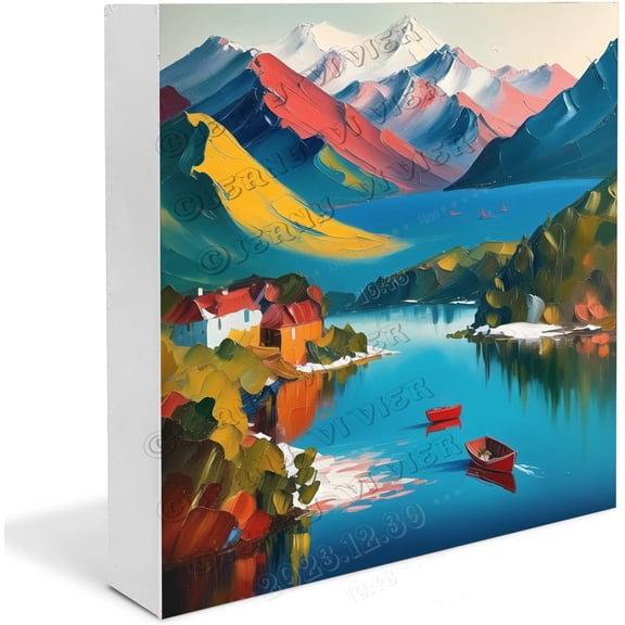 Nature Landscape with Lake Wooden Box Sign, Fall Art Blocks, Farmhouse Wood Box Sign, Tabletop Shelf Home Decor 5"x5"