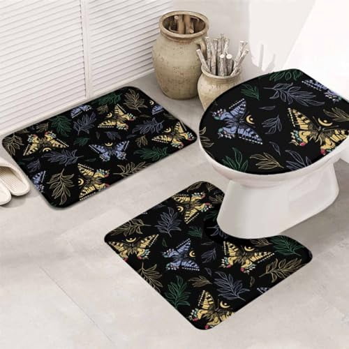 Nature Leaves Butterfly Bath Mat 3 Piece Bathroom Rug Set Non Slip Bath ...