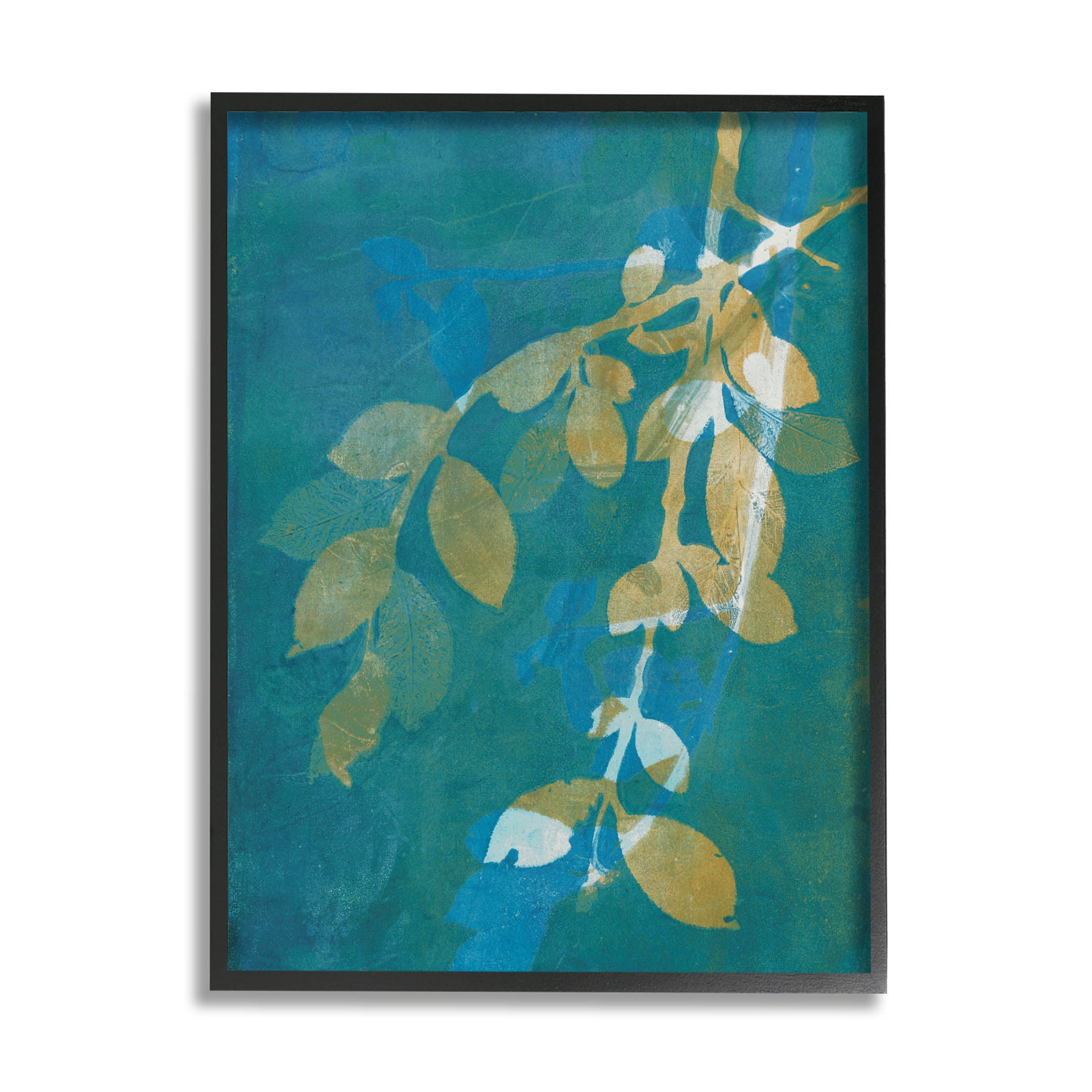 Nature Leaves Overlapping Abstract Botanical Art in Black Wood Frame