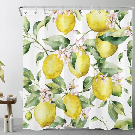 Nature Lemon Shower Curtain Decor,Yellow Fruit with Green Plant Floral on White Shower Curtain for Bathroom 69X70 inch Polyester Fabric Bathroom Decoration Bath Curtains Hooks Included