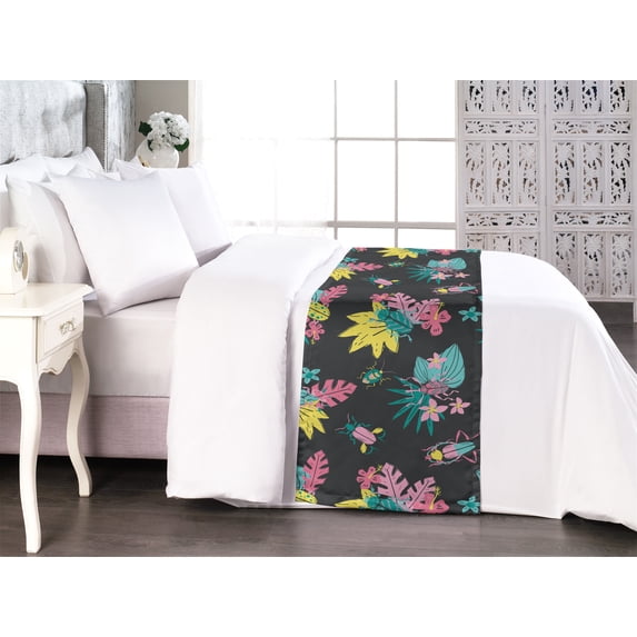 Nature Life Bed Runner, Colorful Design Exotic Illustration With Jungle Boho Flowers Print, Decorative Accent Bedding Scarf for Hotels Homes & Guest Rooms, King, Mustard and Pastel Pink, by Ambesonne