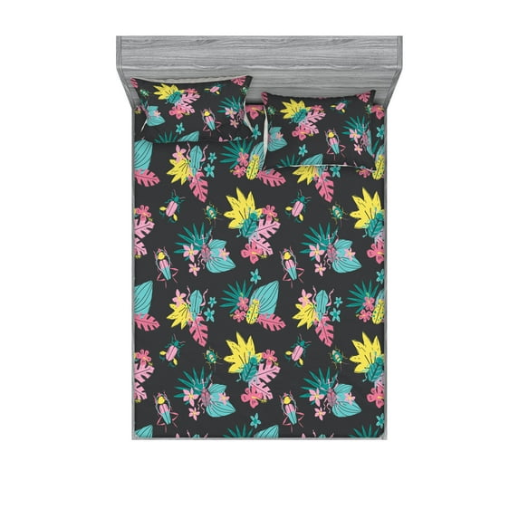 Nature Life Fitted Sheet & Pillow Sham Set, Colorful Design Exotic Illustration With Jungle Boho Flowers Print, Decorative Printed 3 Piece Bedding Decor, Queen, Mustard and Pastel Pink, by Ambesonne