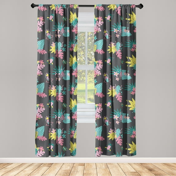 Nature Life Window Curtains, Colorful Design Exotic Illustration With Jungle Boho Flowers Print, Lightweight Decor 2-Panel Set with Rod Pocket, Pair of - 28"x84", Mustard and Pastel Pink, by Ambesonne
