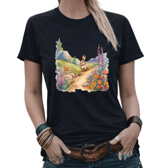 Nature Lover Bunny Wildflower Mountain Graphic Tees Womans Tshirt White/Black S-5XL Tops