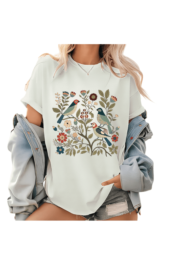 Botanical Birds & Blooms T-Shirt - Watercolor Floral Art Graphic Tee, Women's Gallery-Worthy Summer Tops, Premium Cotton Short Sleeve Shirt for Nature Lovers