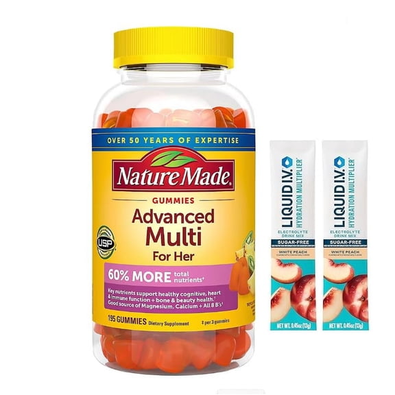 Nature Made Advanced Multi for HER with MAGNESUIM Citrate CALCUIM & 8 B Vitamins MULTIVITAMIN for Women Gummies (195 CT) Tropical Fruit FLV + Bonus 2 Suger Free White Peach Hydration Sticks