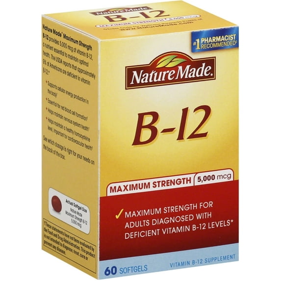 Nature Made B-12 Maximum Strength Softgels 5000 mcg 60 ea (Pack of 2)