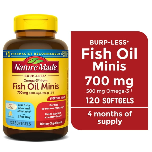 Nature Made Burp Less Omega 3 Fish Oil Supplements 700 mg Minis Softgels, 120 Count