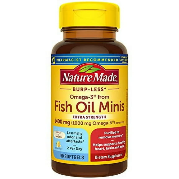 Nature Made Burp-Less Omega-3 from Fish Oil 1400 mg Minis, Dietary Supplement for Heart Health, Eyes and Brain Support, 60 Softgels, 30 Day Supply