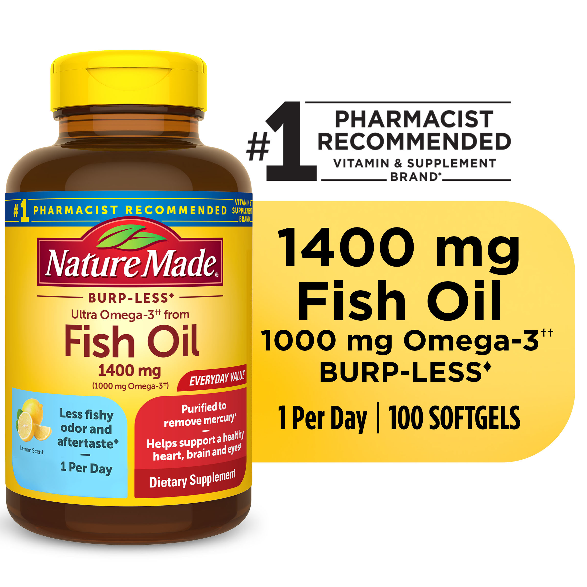 Nature Made Burp Less Ultra Omega 3 Fish Oil 1400 mg Softgels, Fish Oil Supplements, 100 Count - image 1 of 14