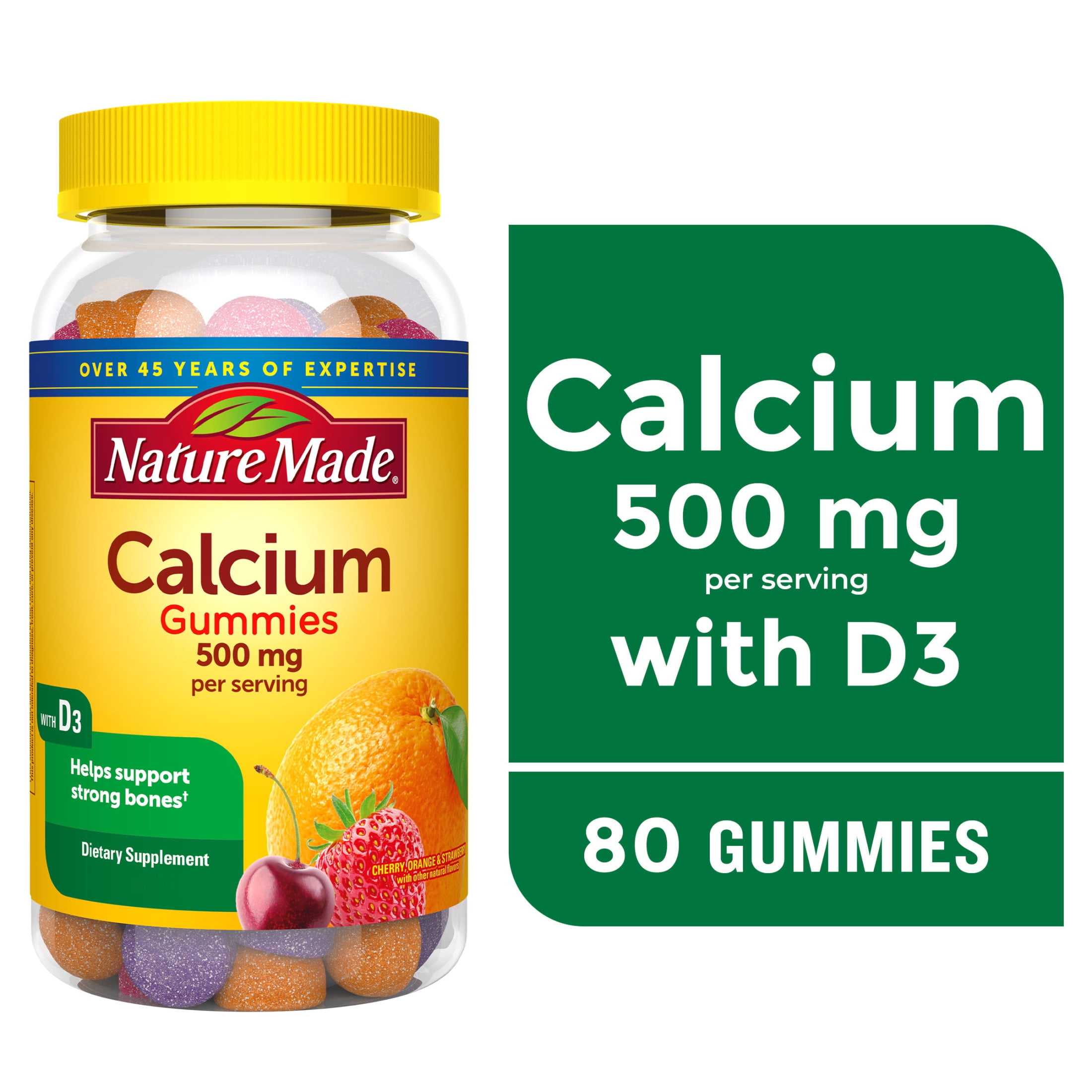 Nature Made Calcium 500 mg Per Serving Gummies, Dietary Supplement for Bone Support, 80 Count