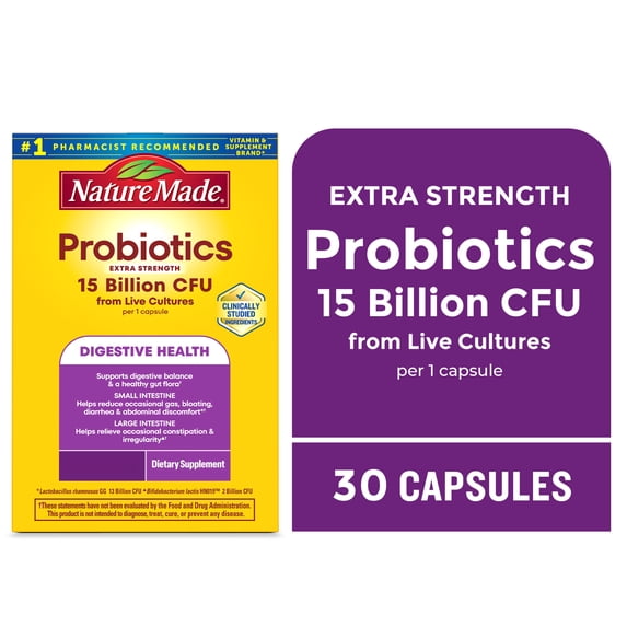 Nature Made Probiotics Extra Strength 15 Billion CFU from Live Cultures Capsules, 30 Count