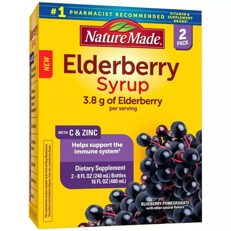 Nature Made Elderberry Syrup 3.8g, with 180mg Vitamin C and 3.3mg Zinc for Immune Support Help (8 fl., oz. 2 pk)