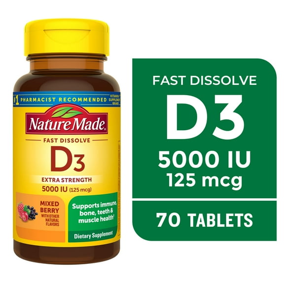 Nature Made Extra Strength Vitamin D3 5000 IU, Vitamin D Fast Dissolve Tablets, 70 Count