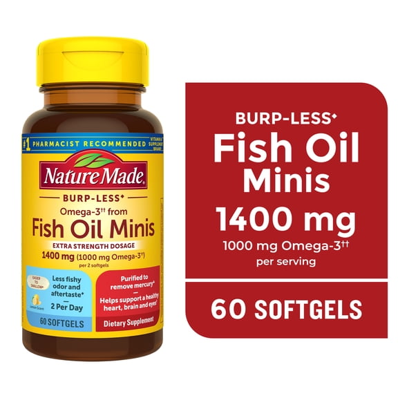Nature Made Extra Strength Burp Less Omega 3 Fish Oil Supplements 1400 mg Minis Softgels, 60 Count