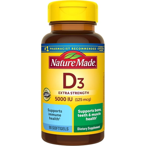 Nature Made Extra Strength Vitamin D3 5000 IU (125 mcg) Softgels, Dietary Supplement, 90 Count
