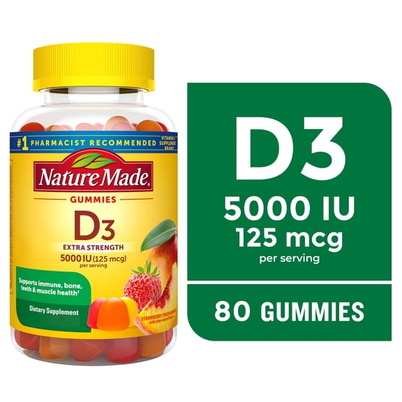 Nature Made Extra Strength Vitamin D3 5000 IU (125 mcg) per Serving Gummies, Dietary Supplement, 80 Count