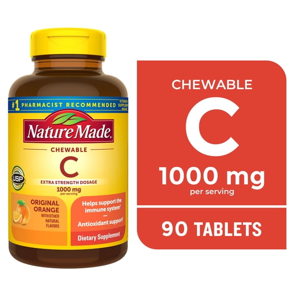 Nature Made Extra Strength Dosage Vitamin C Chewable Tablets, 1000 mg, Original Orange, 90 Count