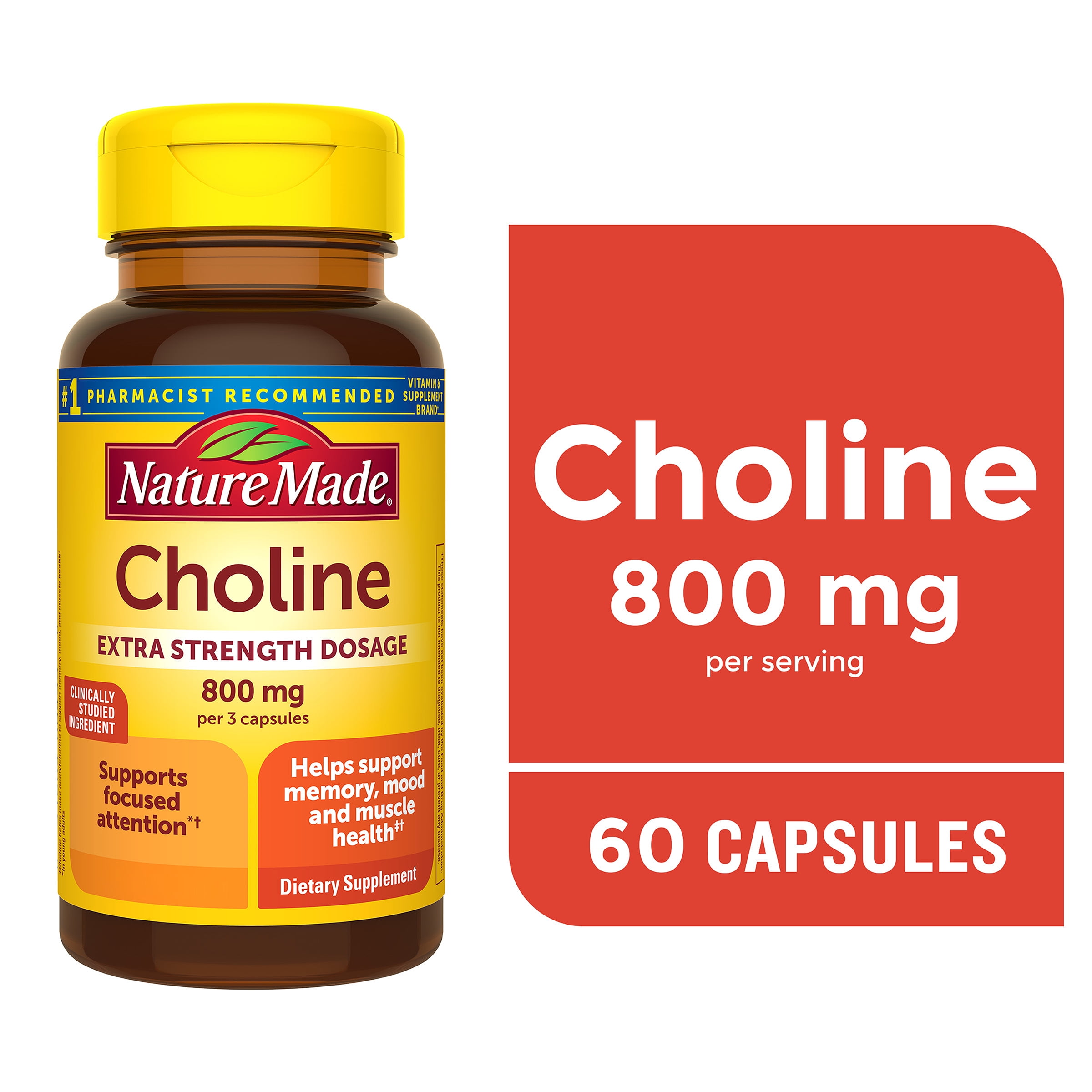 Nature Made Extra Strength Dosage Choline Supplement 800 Mg, Brain Support, 60 Capsules