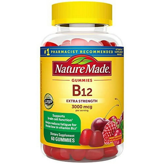 Nature Made Extra Strength Vitamin B12 Gummies, 3000 mcg per serving, B12 Vitamin Supplement for Energy Metabolism Support, 60 Gummy Vitamins, 30 Day Supply