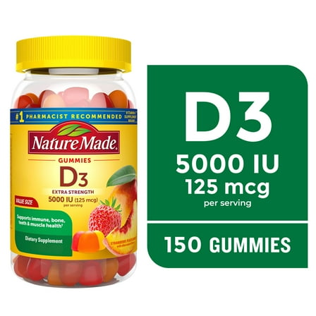 Nature Made Extra Strength Vitamin D3 5000 IU (125 mcg) per Serving Gummies, Dietary Supplement, 150 Count