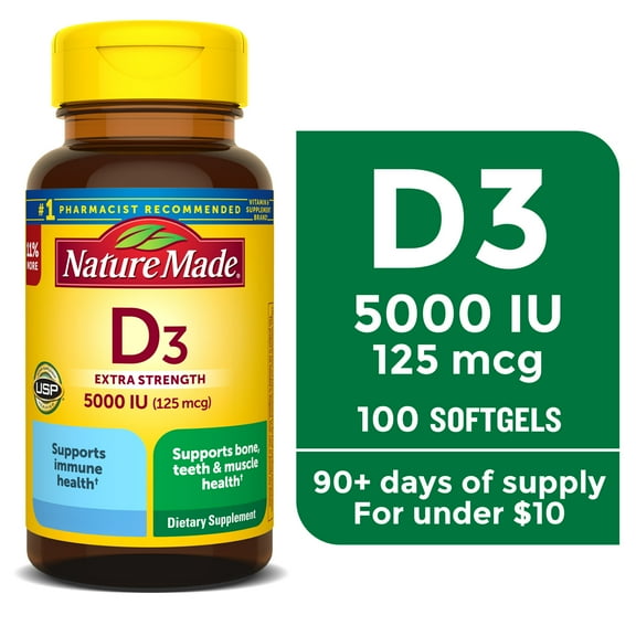Nature Made Extra Strength Vitamin D3 5000 IU (125 mcg) Softgels, Dietary Supplement for Bone and Immune Health Support, 100 Count