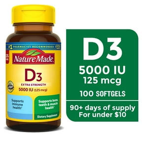Nature Made Extra Strength Vitamin D3 5000 IU (125 mcg) Softgels, Dietary Supplement for Bone and Immune Health Support, 100 Count
