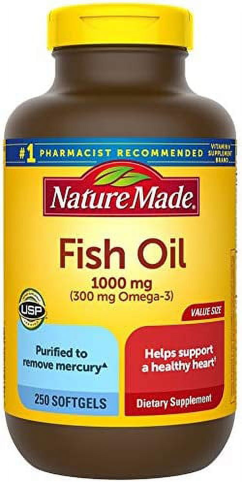 Nature Made Fish Oil 1000 mg, 250 Softgels Value Size, Fish Oil Omega 3 Supplement For Heart Health 250 Count (Pack of 1)