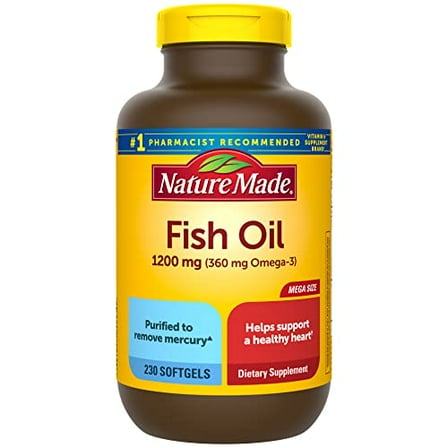 Nature Made Fish Oil 1200 mg Softgels, Fish Oil Supplements, Omega 3 Fish Oil for Healthy Heart Support, Omega 3 Supplement with 230 Softgels, 115 Day Supply