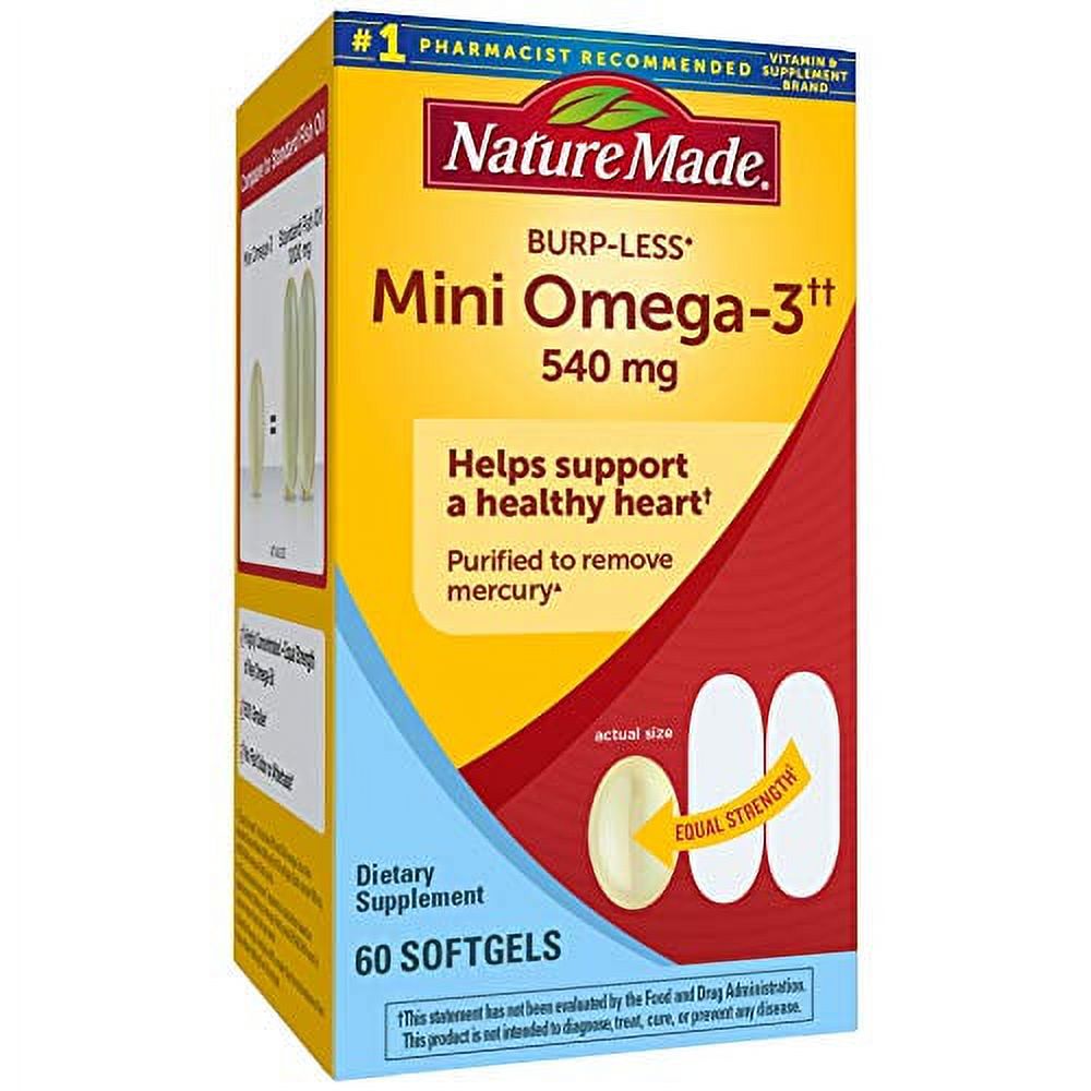 Nature Made Fish Oil BurpLess Mini 540 mg, 60 Softgels, Fish Oil Omega