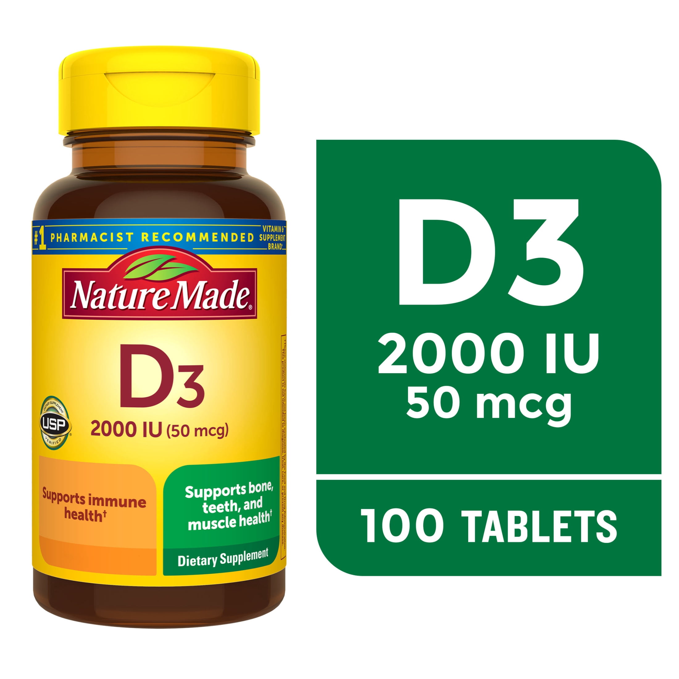 Nature Made Vitamin D3 2000 IU (50 mcg) Tablets, Vitamin D Supplement for Bone and Immune Health Support, 100 Count