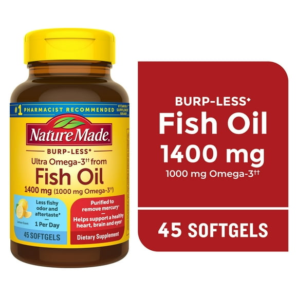 Nature Made Burp Less Ultra Omega 3 Fish Oil 1400 mg Softgels, Fish Oil Supplements, 45 Count