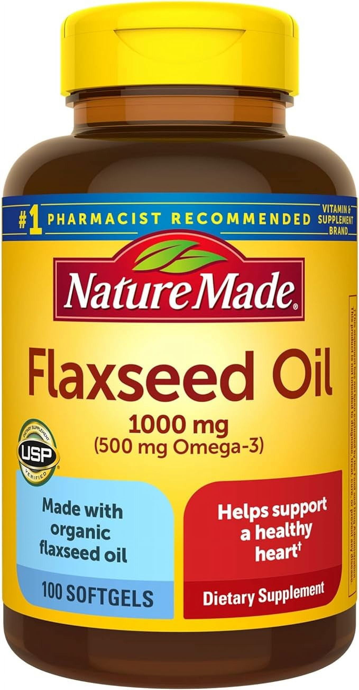 Nature Made Flaxseed Oil 1000 mg, Fish Free Omega 3 Supplement, Dietary Supplement for Heart Health Support, 100 Softgels, 100 Day Supply