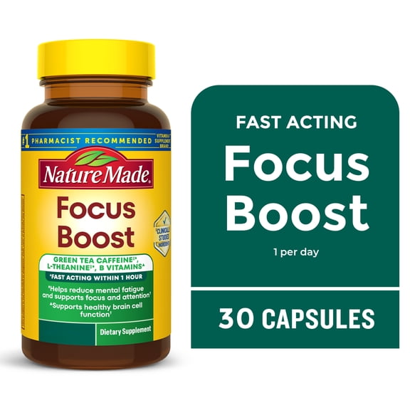 Nature Made Focus Boost Capsules Fast Acting Green Tea Caffeine + L Theanine, 30 Count