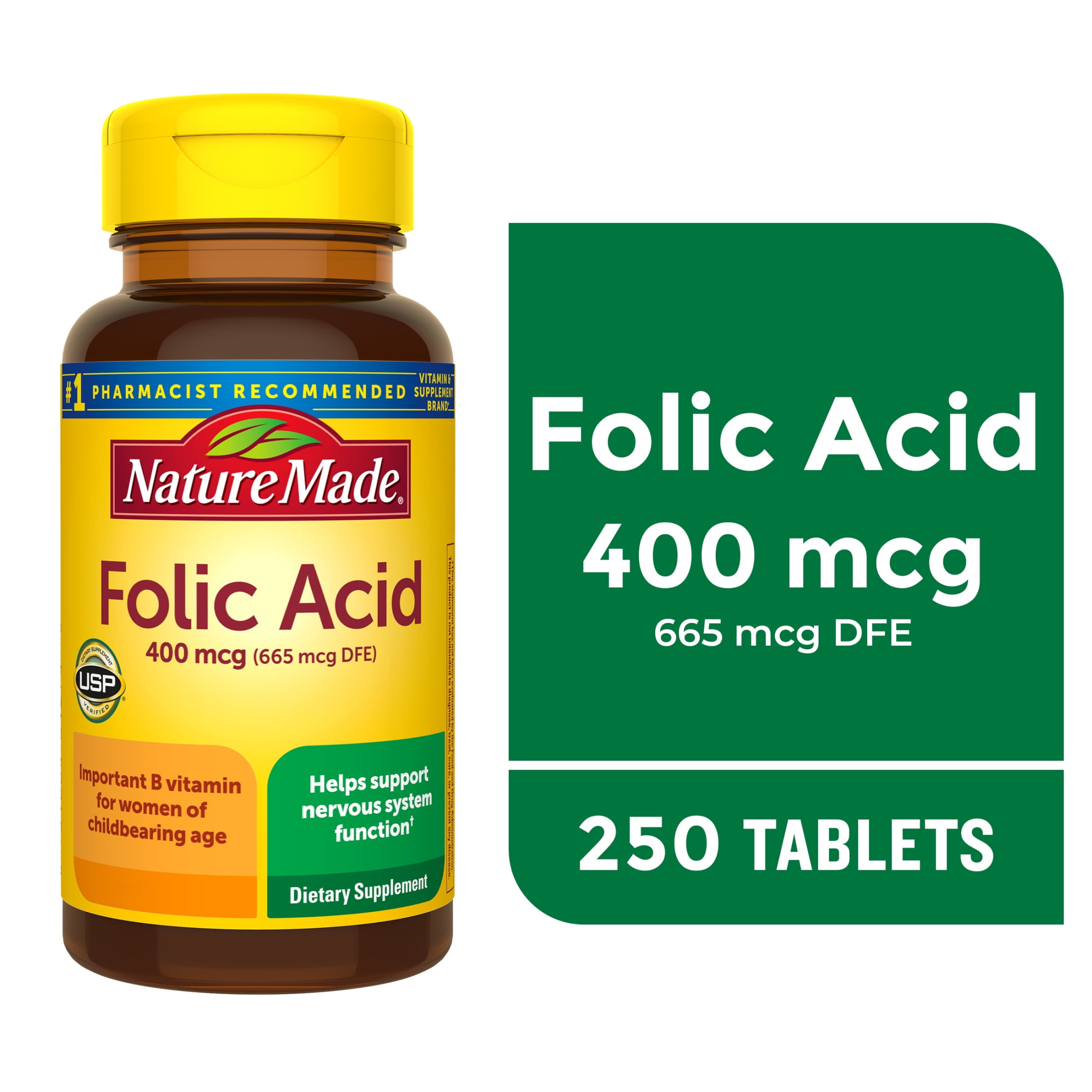 Nature Made Folic Acid 400 mcg (665 mcg DFE) Tablets, Dietary Supplement, 250 Count