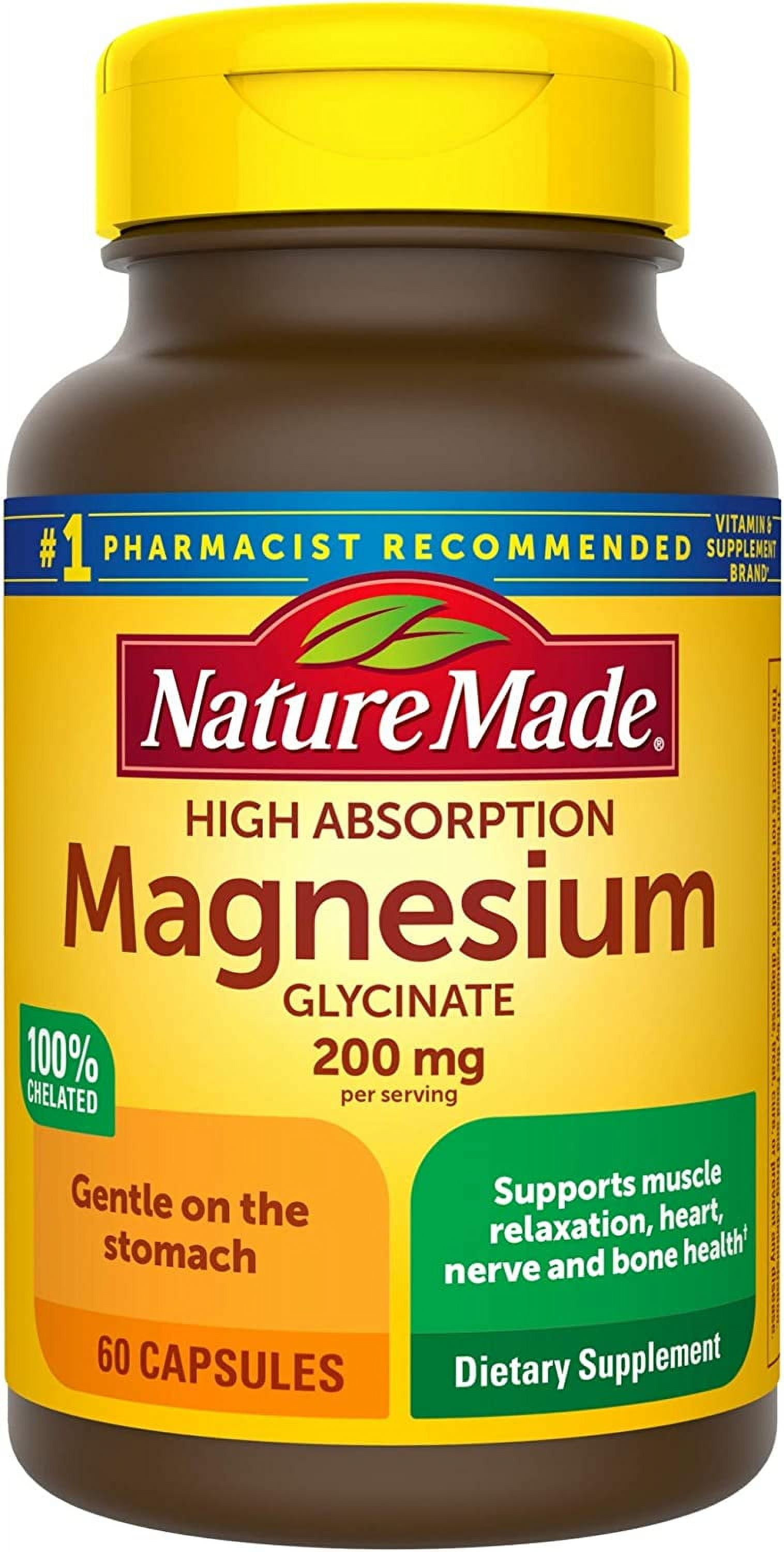 Nature Made Magnesium Glycinate 200 mg per Serving, Dietary Supplement for Muscle, Heart, Nerve and Bone Support, 60 Capsules, 30 Day Supply