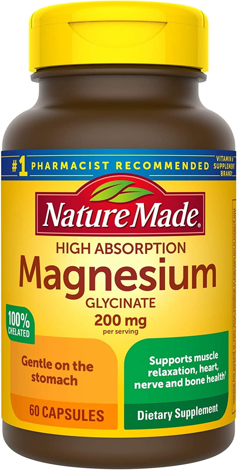Nature Made Magnesium Glycinate 200 mg per Serving, Dietary Supplement for Muscle, Heart, Nerve and Bone Support, 60 Capsules, 30 Day Supply