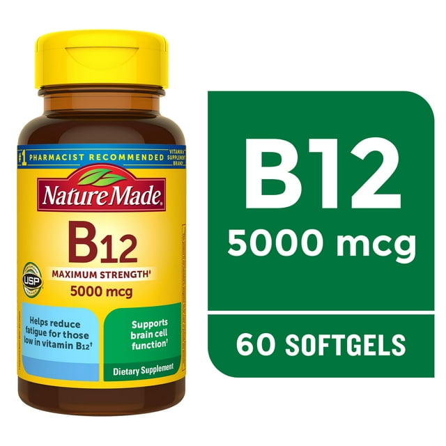 Nature Made Maximum Strength Vitamin B12 5000 mcg Softgels, Dietary Supplement, 60 Count