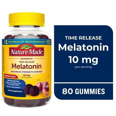 Nature Made Time Release Melatonin 10mg Gummies, 100% Drug Free Sleep Aid for Adults, 80 Melatonin Gummies, Sleep Support Supplement