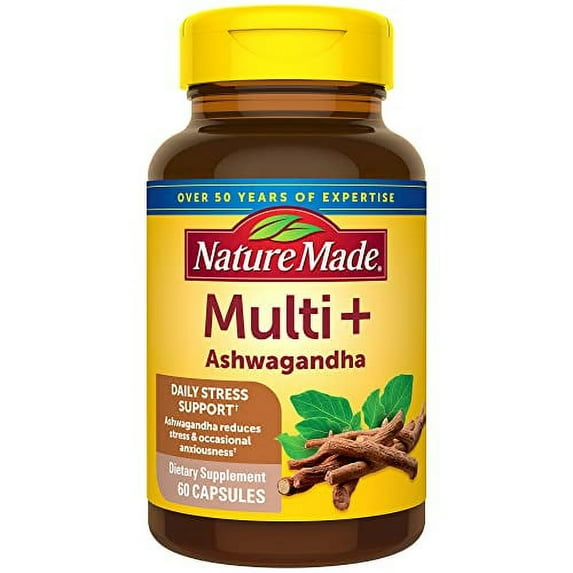 Nature Made Multi + Ashwagandha, Multivitamin for Women and Men for Daily Stress Relief Support, Multivitamin for Men and Women, One Per Day Mens and Womens Vitamins, 60 Capsules