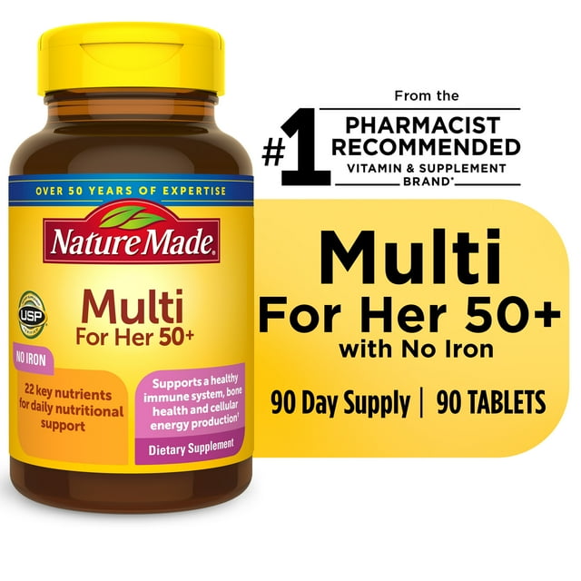Nature Made Multivitamin For Her 50+ with No Iron Tablets, Women's