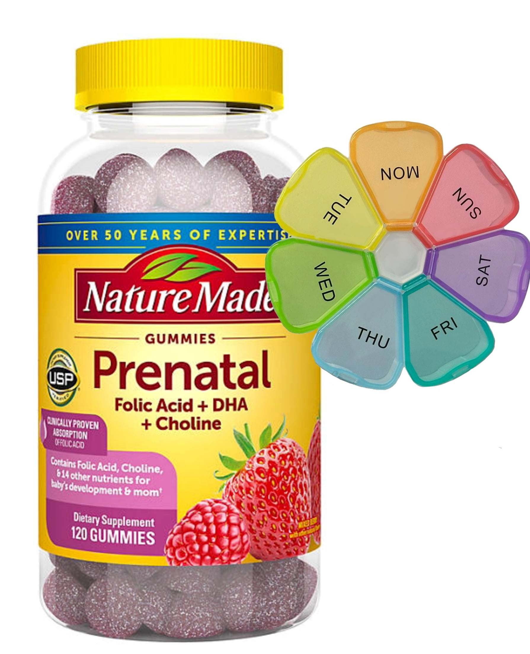 Nature Made Prenatal Gummies with Folic Acid, DHA & Choline Supplements -  Supports Healthy Baby and Mom  120 Gummies  60-Day Supply - Bundle with SyncLives extra large weekly pill box.