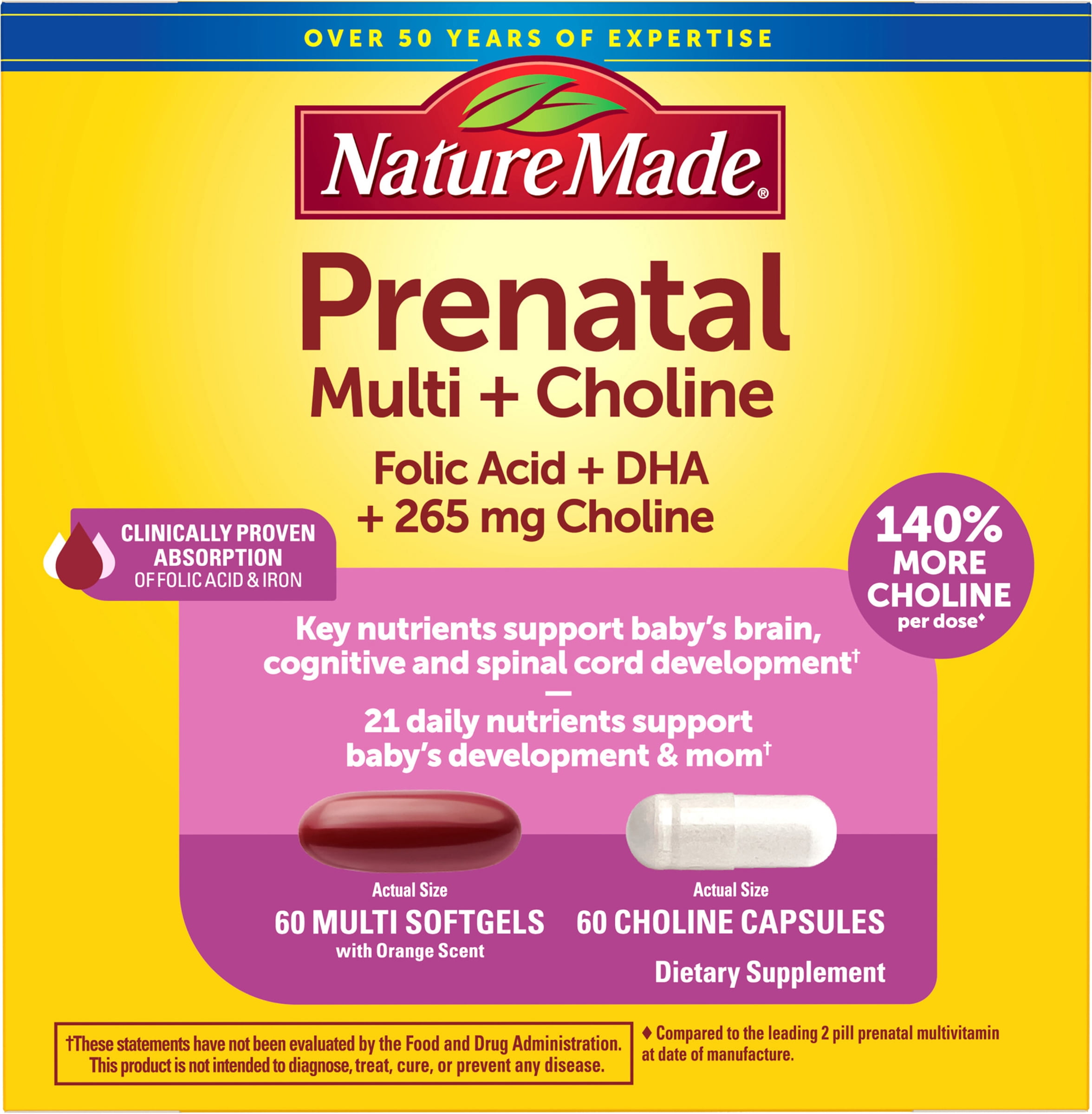 Nature Made Prenatal Multivitamins + Choline Capsules, Folic Acid + DHA, 60 Count