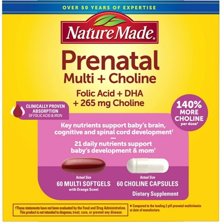 Nature Made Prenatal Multivitamins + Choline Capsules, Folic Acid + DHA, 60 Count