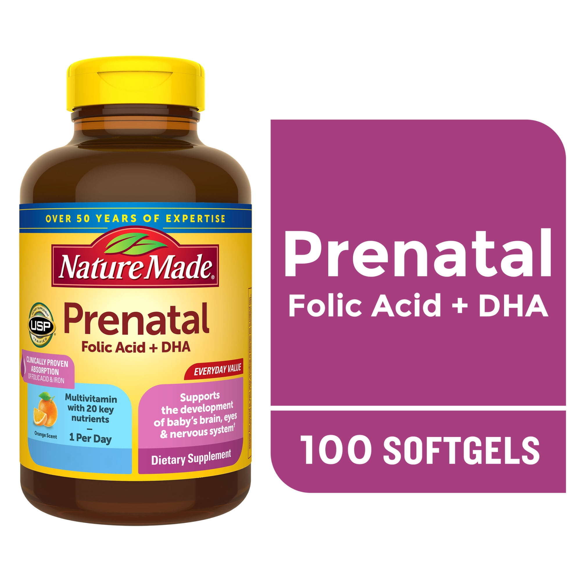 Nature Made Prenatal with Folic Acid + DHA Softgels, Prenatal Vitamin and Mineral Supplement, 100 Count