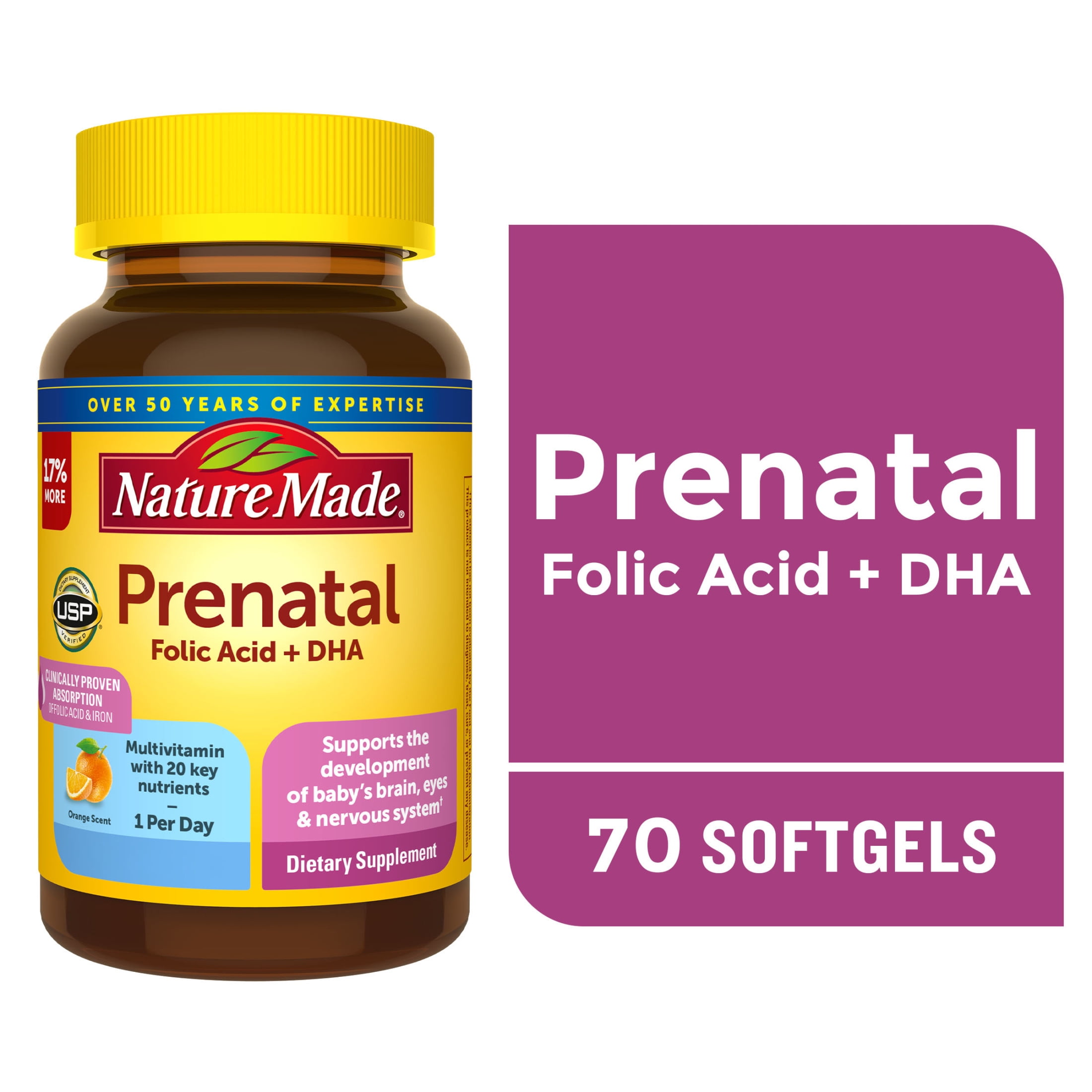 Nature Made Prenatal with Folic Acid + DHA Softgels, Prenatal Vitamin and Mineral Supplement, 70 Count