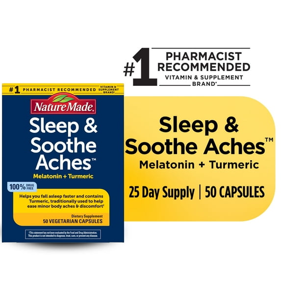Nature Made Sleep & Soothe Aches with Melatonin 5mg and Turmeric Capsules, 50 Count