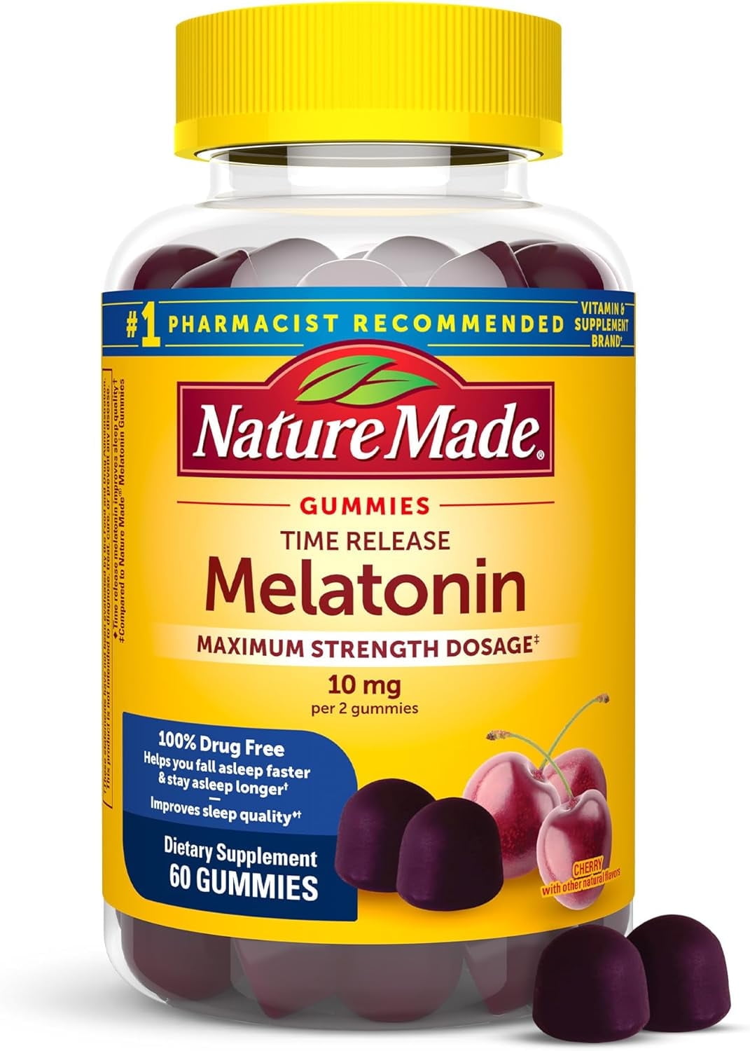 Nature Made Time Release Melatonin Gummies Maximum Strength 10mg 100% Drug Free Sleep Aid for Adults, 60 Melatonin Gummies, 30 Day Supply